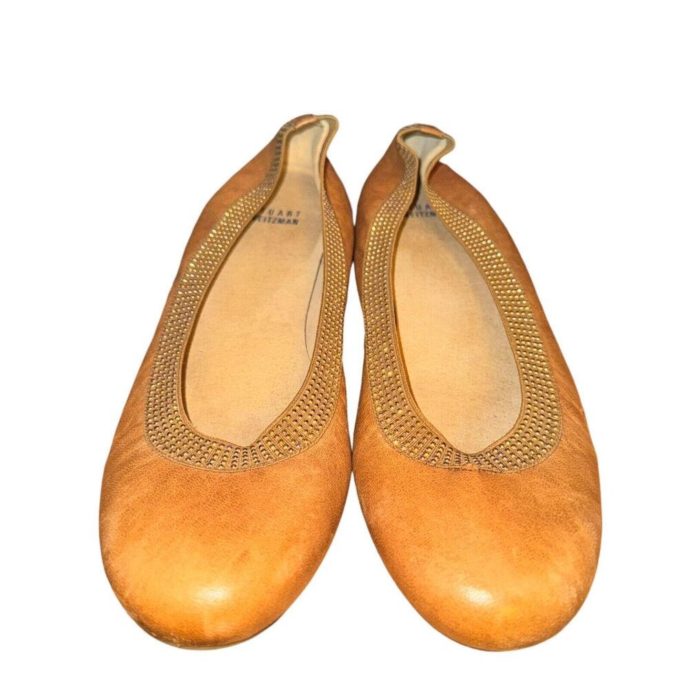 Stuart Weitzman Lastikon Ballet Flats Women's Size 9.5 M Tan Leather Studded